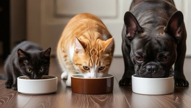 Adorable Trio Cat Kitten with Ginger Cat  French Bulldog Devouring Food in Home.