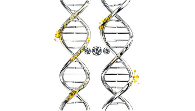 Two double helix structures, silver and glittering, linked by diamonds, against black