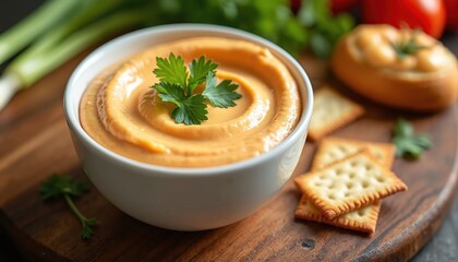Creamy orange spicy mayo dip in white bowl. Garnished with parsley, served with square crackers. Tomatoes and green onions are on wooden board.