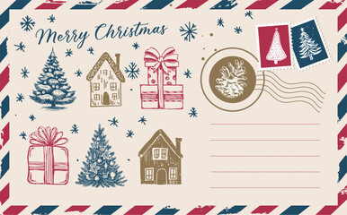 Christmas mail with houses and tree, postcard, hand drawn illustration.	

