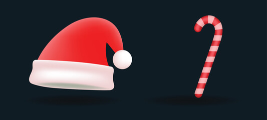 Red color Christmas Santa hat and candy cane icon on dark background