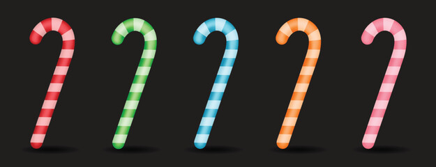 Red, green, blue, pink and orange color Christmas candy cane vector illustration set