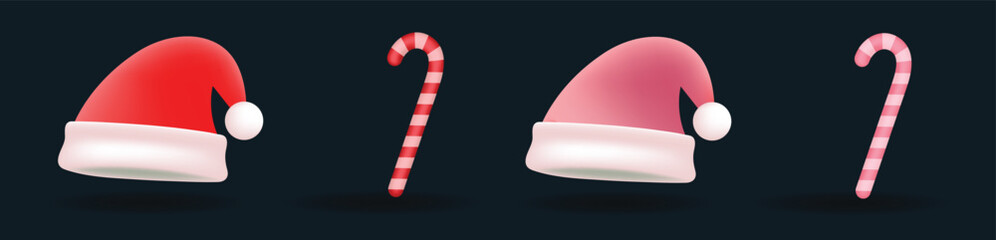 Red and pink color Christmas Santa hat and candy cane icon on dark background