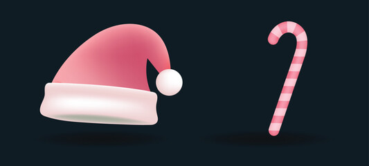 Pink color Christmas Santa hat and candy cane icon on dark background