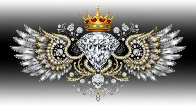 Diamond with Golden Crown and Silver Wings on Gradient Background