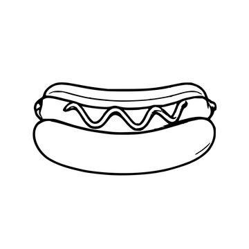 Black line art illustration of a classic hot dog in a bun, minimalistic style, sharp outlines, no shading, isolated on white background.