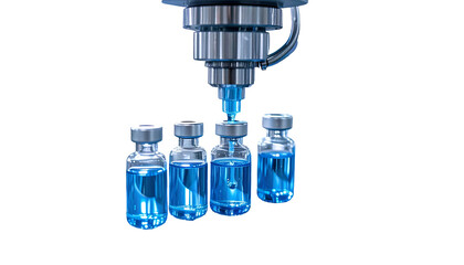 A robotic arm dispenses blue liquid into glass vials against a black background