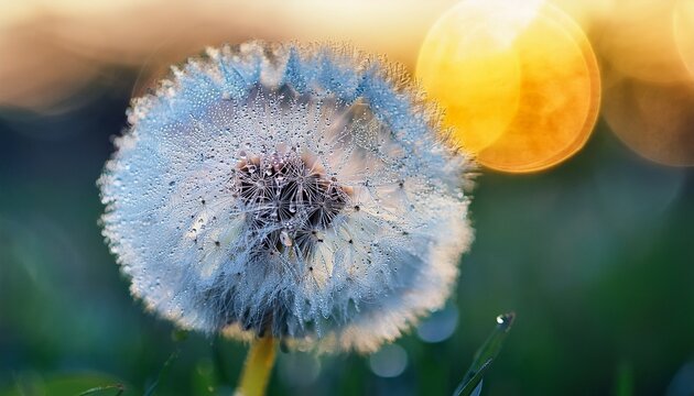 fluffy dandelion ball with dew drops on a blurry background