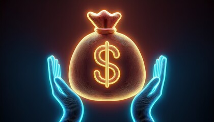 neon money bag hands dollar sign finance glowing light economy business cash banking wealth currency symbol
