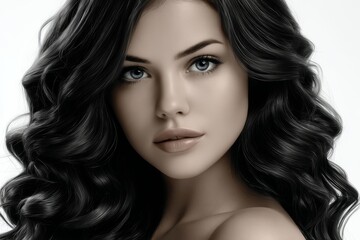 Fototapeta premium Beautiful woman with perfect skin and voluminous wavy hair with a captivating gaze posing for a beauty portrait against a plain white background.