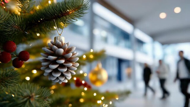 Festive pinecone ornament on christmas tree in modern office atrium