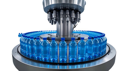 Automated machine filling rows of plastic water bottles with a clear liquid