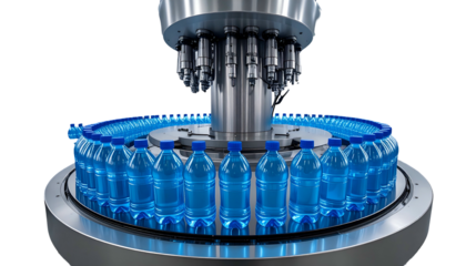 Automated machine filling rows of plastic water bottles with a clear liquid