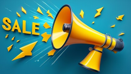 bright yellow megaphone with sale text and lightning symbols on blue background for promotion design