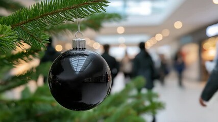 Shiny ornament on christmas tree in busy mall captures holiday spirit