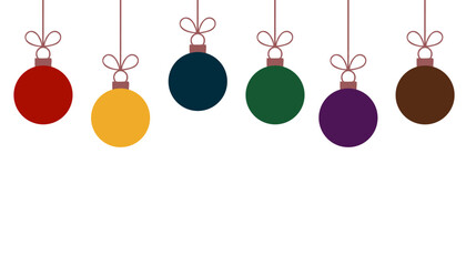 hanging colorful Christmas baubles or ornaments with decorative ribbons on white background