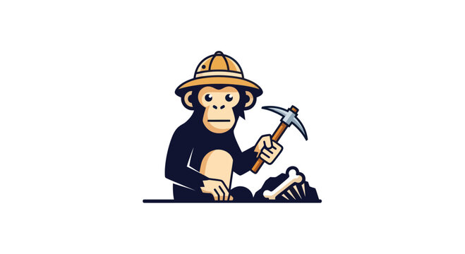 Cartoon monkey wearing pith helmet excavating with pickaxe finds a bone