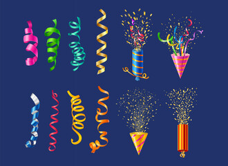 Colorful party poppers, ribbons, and exploding confetti set.
