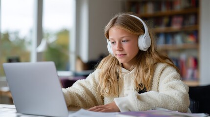 Girl engaged in online learning at home with headphones