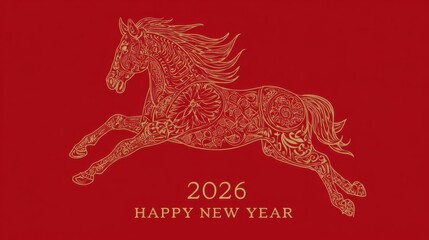 Happy New Year 2026 greeting card with a golden horse illustration on red background