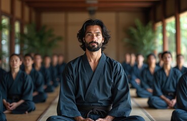 Martial arts master leads students in zen meditation. Group sits in uniform, practicing mindfulness and discipline in a traditional dojo. Instructor guides inner peace, focus, and calm.