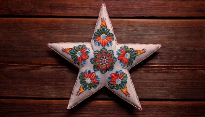 a six pointed star shaped object with an embroidered floral motif on a wooden background