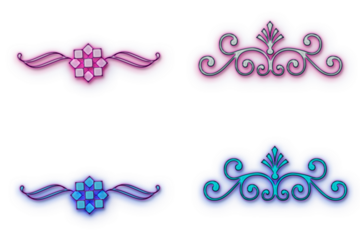 Glowing neon ornament border graphics isolated on transparent background. Bright neon ornaments in red, yellow, purple and blue colors. new year, christmas, wedding, birthday concepts.