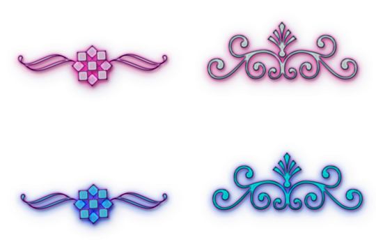 Glowing neon ornament border graphics isolated on transparent background. Bright neon ornaments in red, yellow, purple and blue colors. new year, christmas, wedding, birthday concepts.