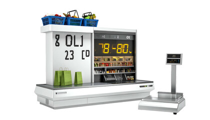 Futuristic supermarket checkout station with display, scale, and baskets of produce