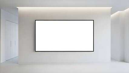 Modern minimalist interior gallery space with a large empty white screen or canvas mounted on a clean white wall with soft ambient lighting