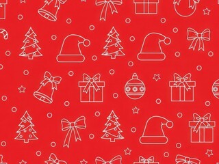 Seamless pattern with outline icons of christmas and new year holiday elements like santa hat, gift box, tree, bell, and bow on red background for wrapping paper or textile design