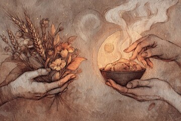 Bounty of Harvest and Warm Offering in Sacred Hands