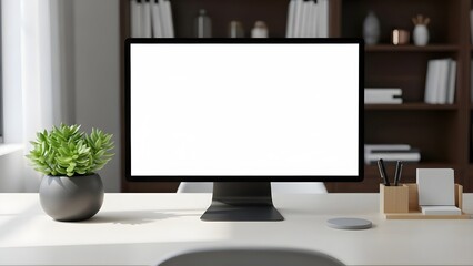Modern minimalist home office desk setup with a blank computer screen and a green potted plant on a white surface