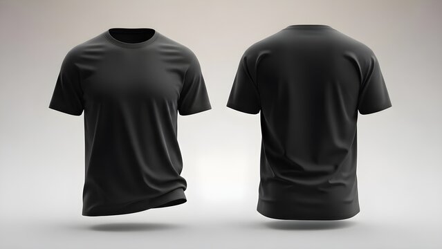 Clean studio shot showcasing the front and back view of a plain black t shirt floating against a neutral gradient background