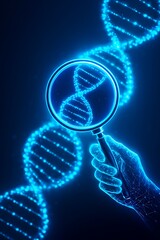 Magnifying glass examining glowing blue dna helix on dark background