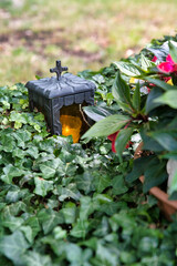 schöne Grablampe halb unter Efeu verborgen auf dem Katholischen Friedhof in Kempten - Allgäu © Blende8