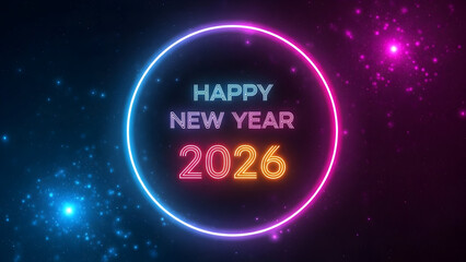 Obraz premium Vibrant neon ring illuminates happy new year 2026 with festive sparkles and dark background