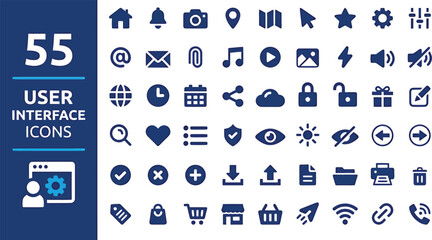 user interface, web icons, home, bell, camera, location, map, cursor, star, gear, volume, mute, email, paperclip, music, play, image, lightning, sound, no sound, globe, clock, calendar, share, cloud, 