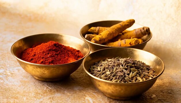 Aromatic spice trio featuring ground chili, whole cumin seeds, and turmeric roots in brass bowls, spices.