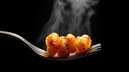 Steaming hot gnocchi on a fork close-up shot against a black background for restaurant menus and food blogs