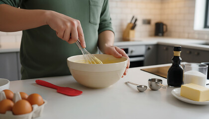 Person whisking cake batter in a mixing bowl on a modern kitchen counter, surrounded by baking ingredients such as eggs, butter, sugar, and utensils. Cozy home cooking scene.