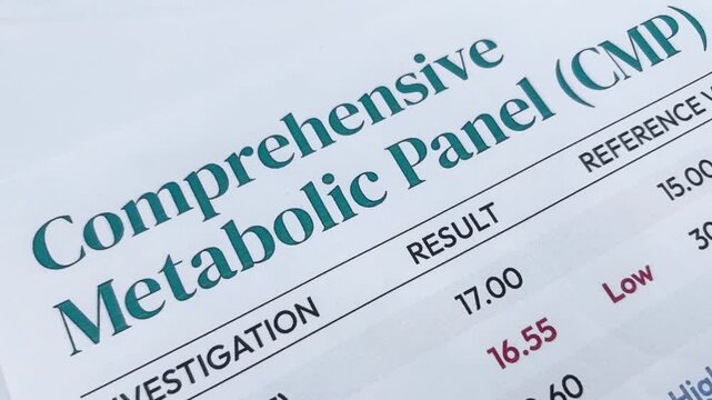 Comprehensive metabolic panel report close up footage, health care and medical concept.