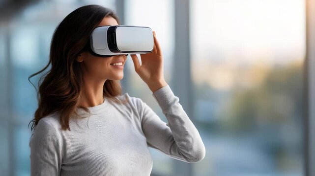 Confident female enjoying immersive technology while using a virtual reality headset indoors. The scene highlights innovation, digital trends, and the future of interactive experiences