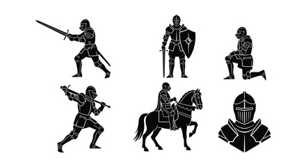 Medieval knights in black silhouettes warriors horseback and armored helmets shown