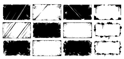 Set of black grunge ink frames with rough rectangle borders and dirty scratch textures for abstract design backgrounds