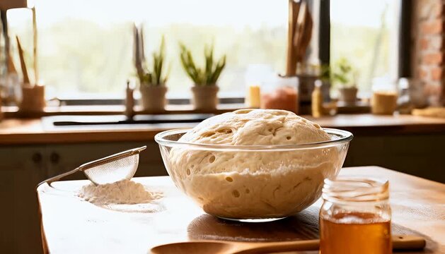Preparing dough for baking bread with honey and flour in a rustic kitchen setting dough bread, preparation.