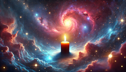 A bright candle shines in the middle of the universe.
