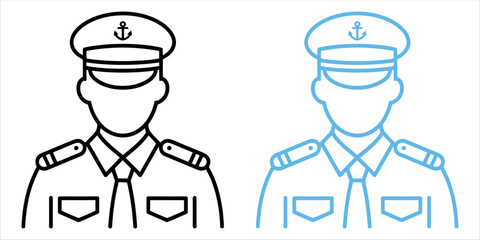 Line art of navy officer in uniform, perfect for nautical themes, leadership concepts, or military appreciation, available in black and blue outline.
