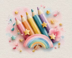 Colorful pencils with stars and rainbow background.