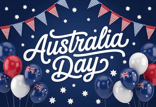 Australia day celebration background with balloons and bunting banner on blue - Powered by Adobe